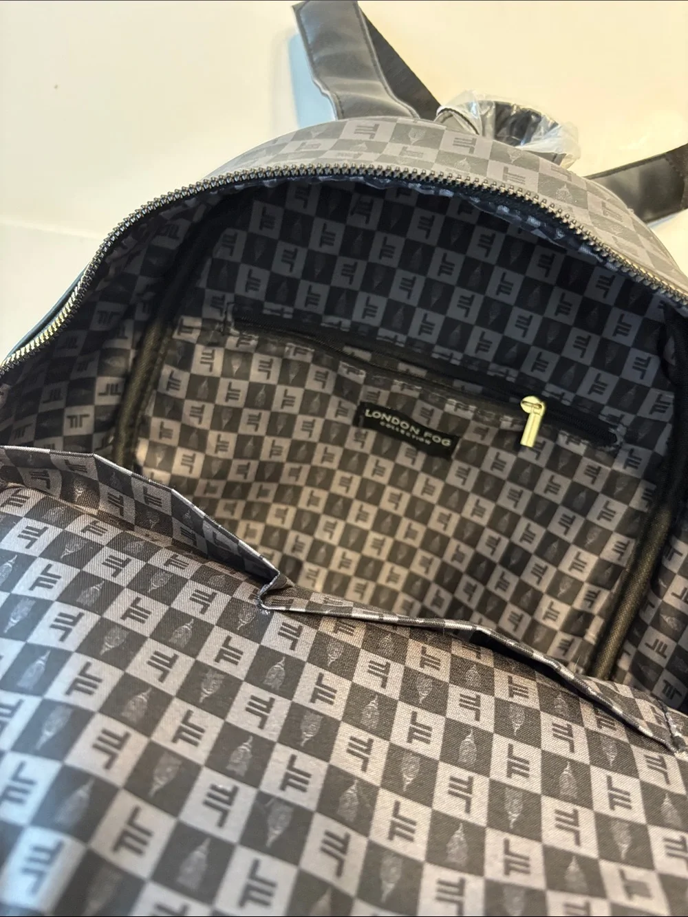 London Fog Women's Raven Tower Signature Print Backpack in Black